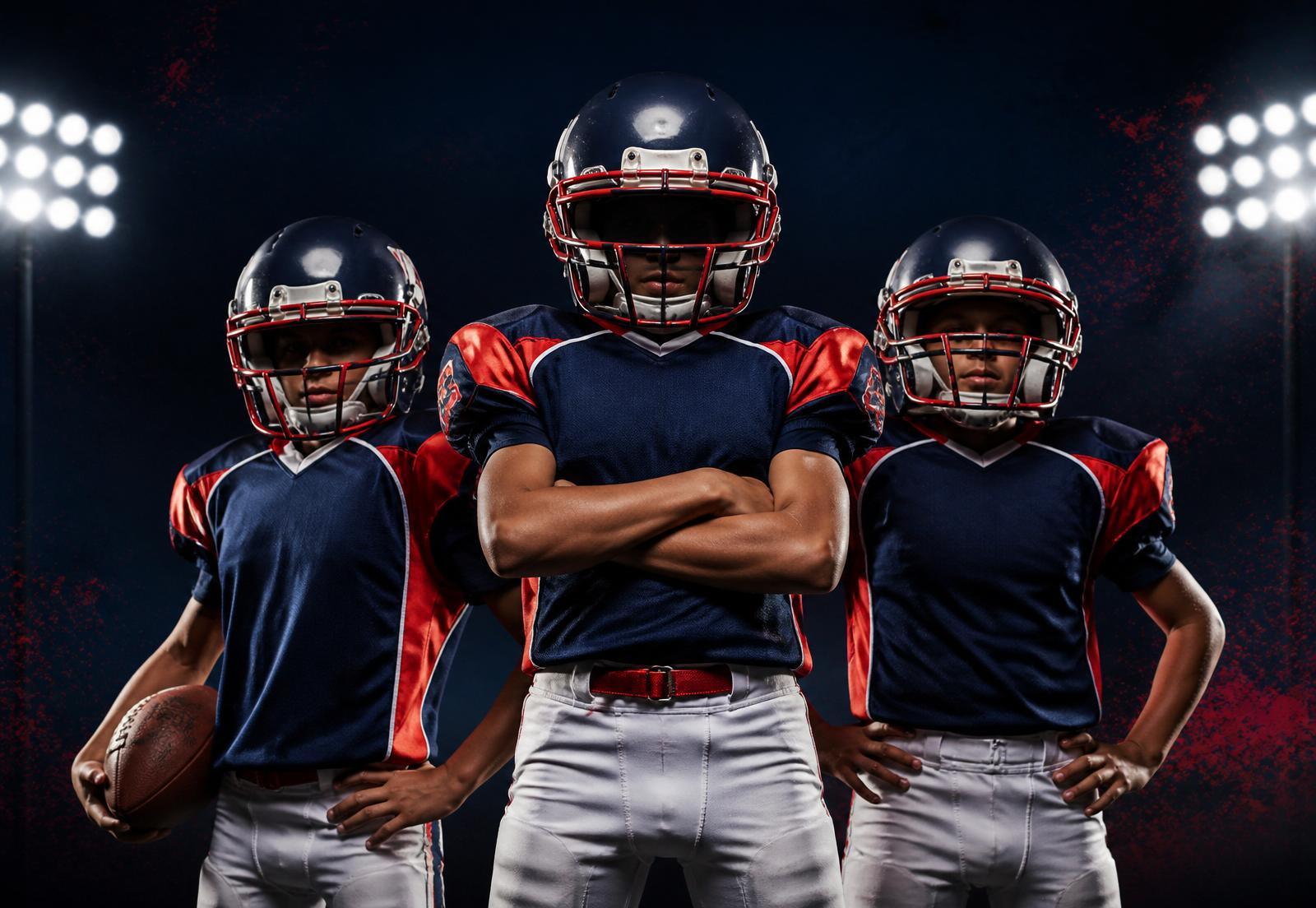 Boca Braves youth football players in navy, red and white uniforms under stadium lights